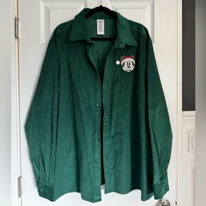 NEW Disney Parks Green Mickey Mouse Christmas Corduroy Button Up Shirt Adult XXL
